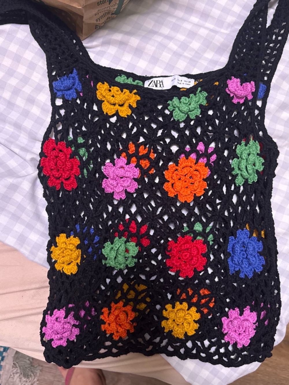 ZARA Black Crochet Tank with Multicolor Crochet Flowers